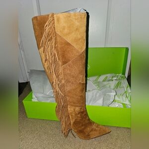 Sam Edelman Patchwork Brown Suede Fringe Knee High Wide Calf Boot, Size 9